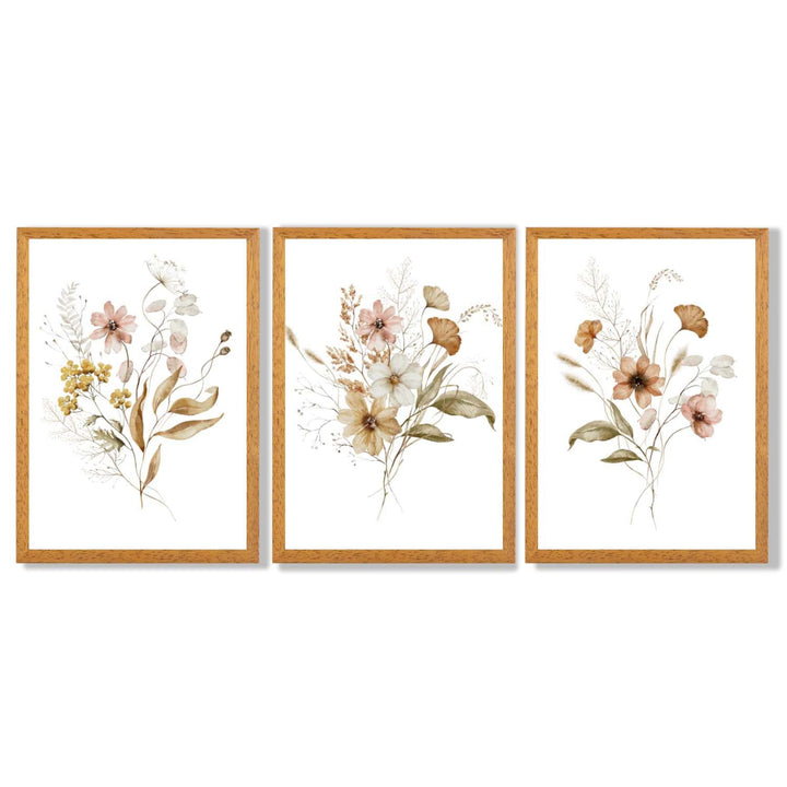 Høstlige villblomsterbuketter – 3 innrammede kunsttrykk