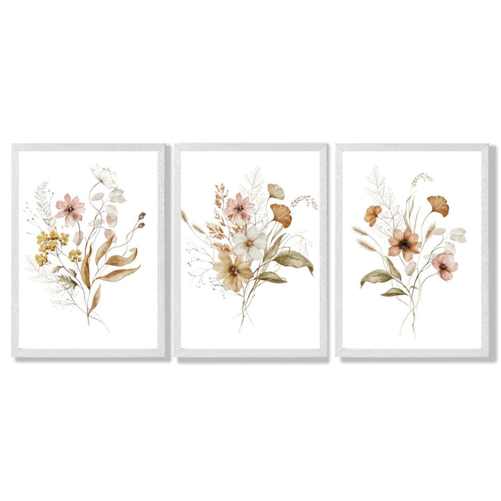 Høstlige villblomsterbuketter – 3 innrammede kunsttrykk