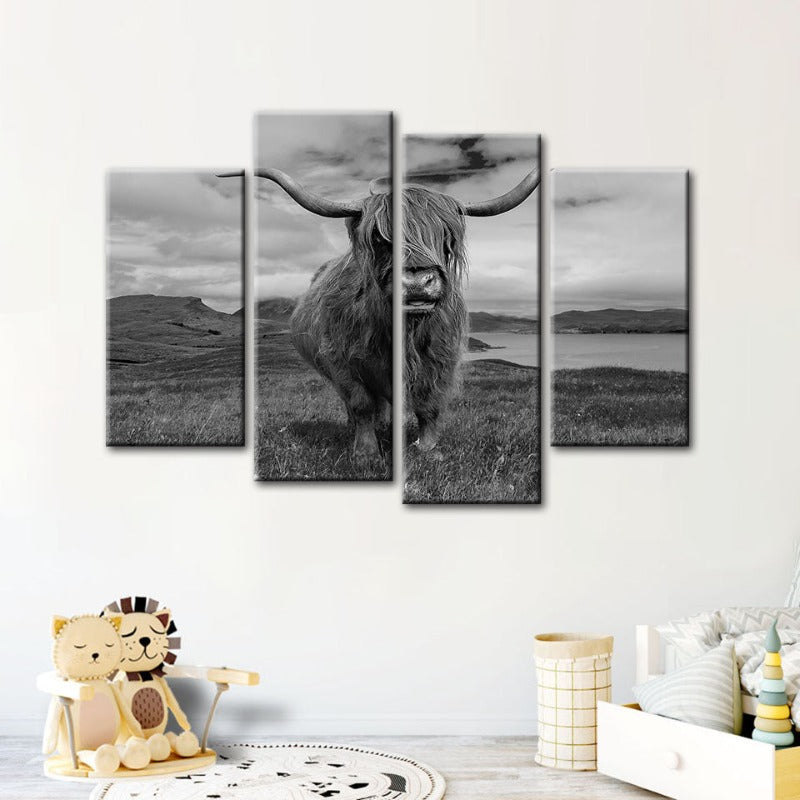4-Piece Stylish Black and White Cow Canvas Wall Art Painting | Skanto