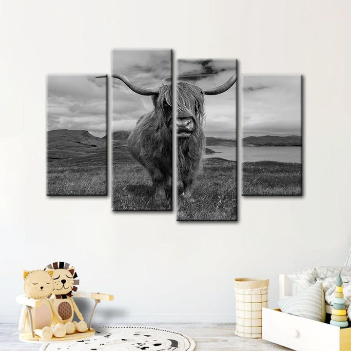 4-Piece Stylish Black and White Cow Canvas Wall Art Painting | Skanto
