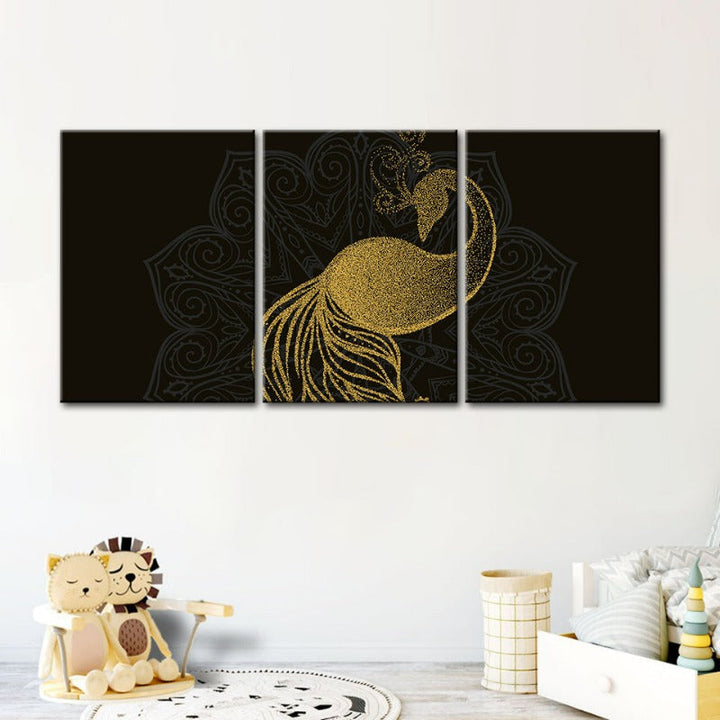 Abstrakt Gyldent Mandala Påfugl - Lerret Veggkunst Maleri 3 Deler | Skanto