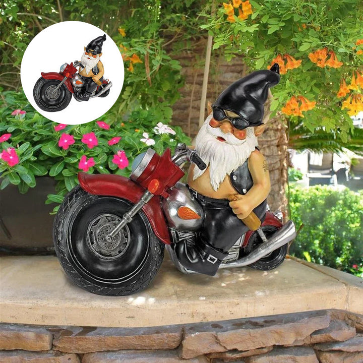 Biker Gnome Statue Mini Hagedekorasjon | Skanto