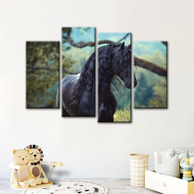 4 Piece Black Horse in Forest Canvas Wall Art Painting | Skanto
