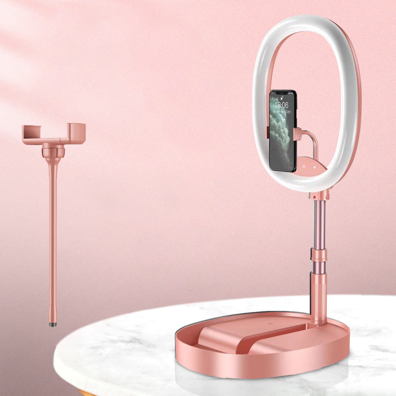 Skanto | Sammenleggbar og Justerbar Telefonholder med 10W Trådløs Hurtiglading, Opptil 25,8 cm, Lampe, Antiskli Panel, Mini Hylle, Passende for Telefoner og Nettbrett