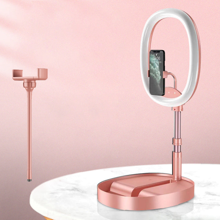 Skanto | Sammenleggbar og Justerbar Telefonholder med 10W Trådløs Hurtiglading, Opptil 25,8 cm, Lampe, Antiskli Panel, Mini Hylle, Passende for Telefoner og Nettbrett