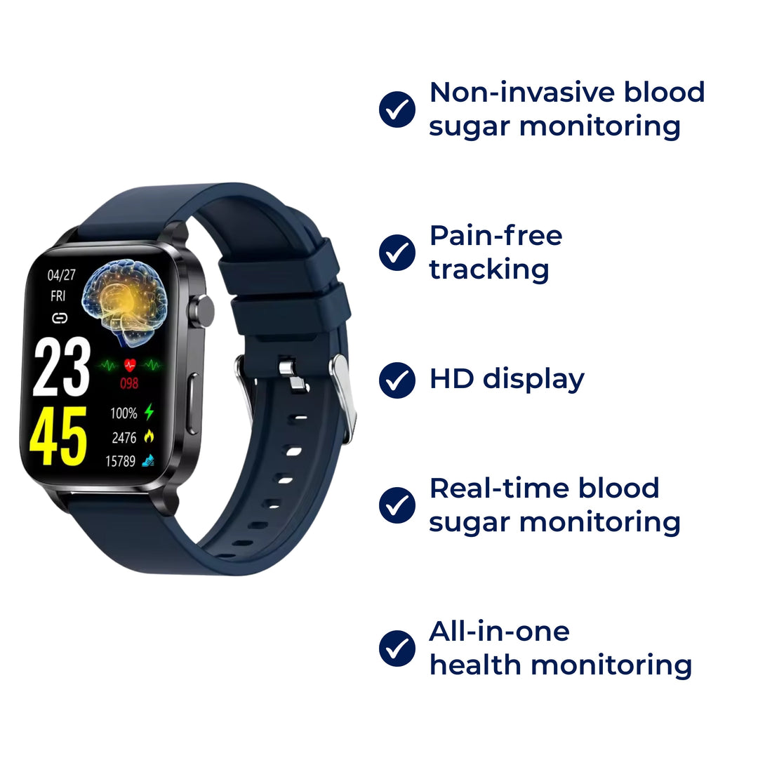 GlucoWell | Ikke-invasiv diabetes-smartklokke – Blodsukkermåler – HD-skjerm – Smertefri glukoseovervåking for voksne Skanto