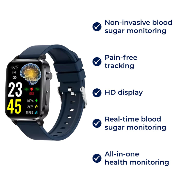 GlucoWell | Ikke-invasiv diabetes-smartklokke – Blodsukkermåler – HD-skjerm – Smertefri glukoseovervåking for voksne Skanto