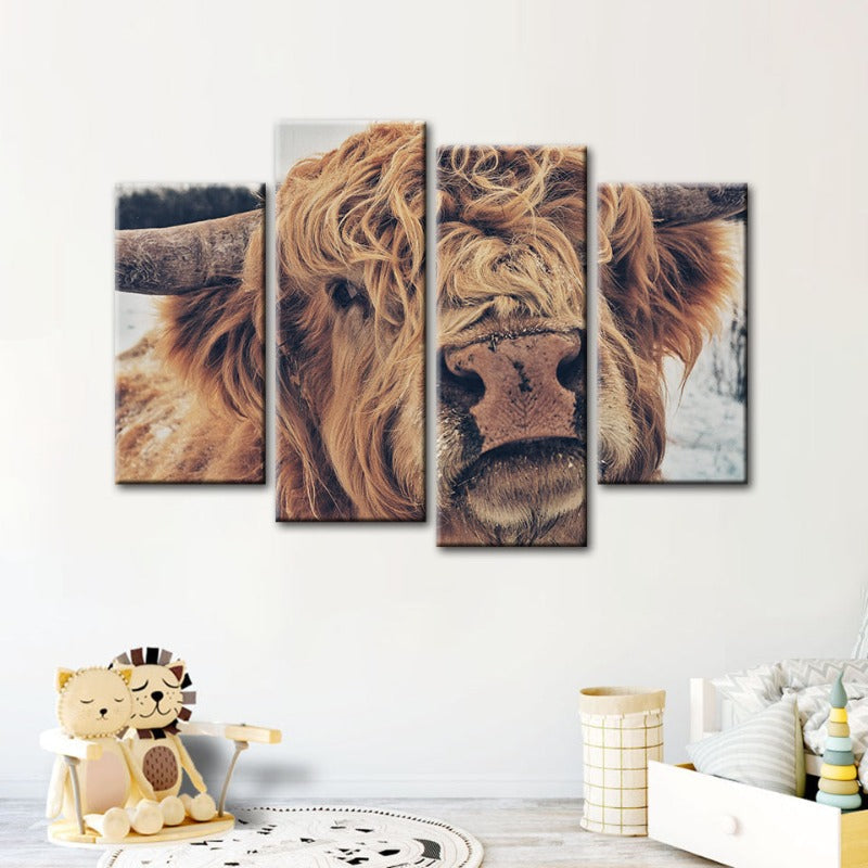 4 Piece Close Up Brown Cow - Canvas Wall Art Painting | Skanto