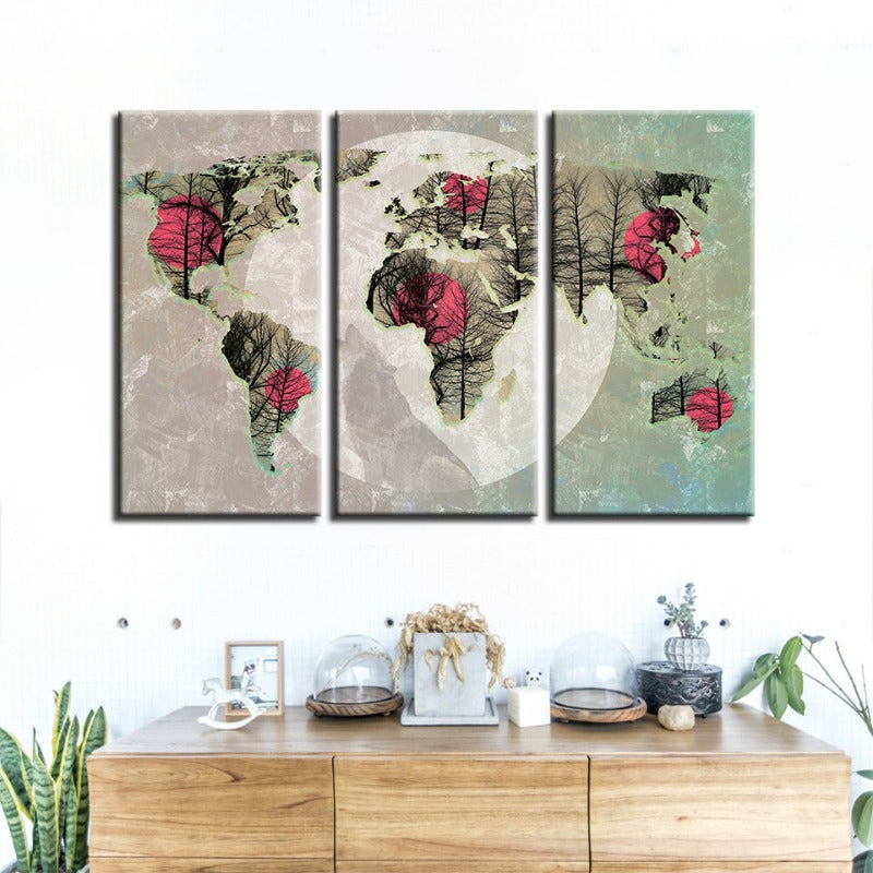 Vakker abstrakt rosa sol-verden-kart-lerret-veggkunstmaleri 3 deler | Skanto