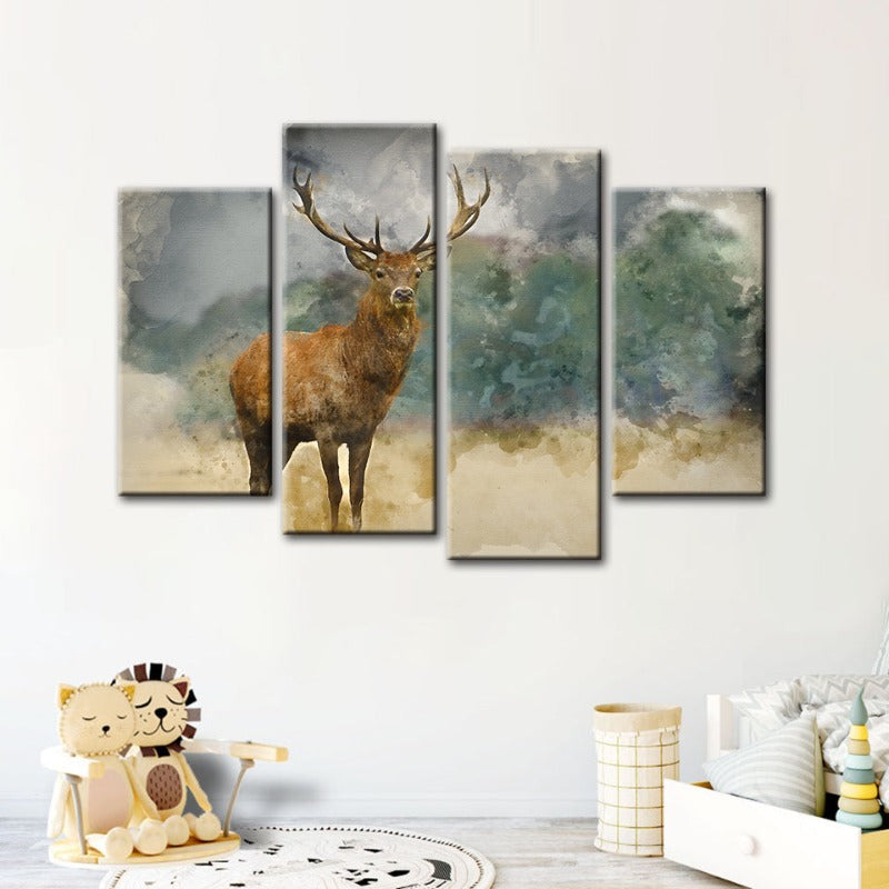 4-delt Aquarell Ebenholz Hjort - Lærred Veggkunstmaleri | Skanto