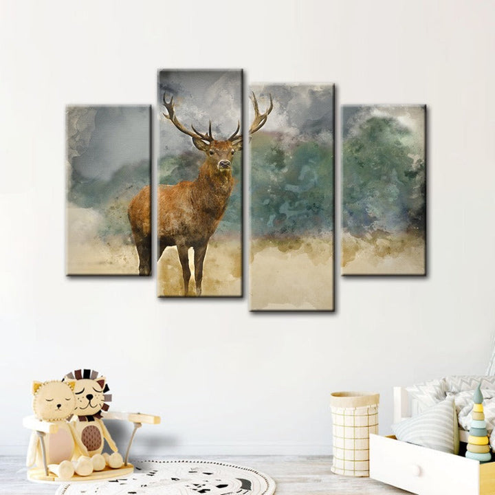 4-delt Aquarell Ebenholz Hjort - Lærred Veggkunstmaleri | Skanto