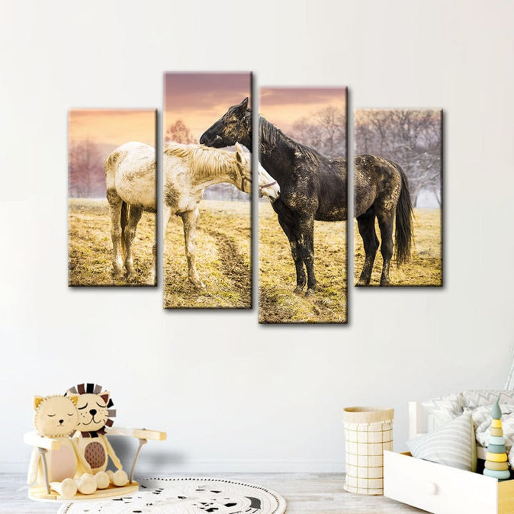 4-Piece Black & White Horses Canvas Wall Art Painting | Skanto