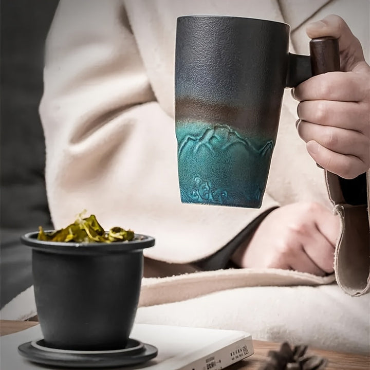 Skanto | TeaCraft Keramisk Kopp | Håndlaget | Med Te Filter og Trehåndtak | Retro Design