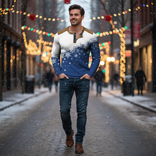 Skanto | Christmas Snøfnugg Gradient 3D Print Henley Skjorte for Menn