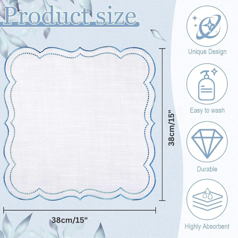 6stk Bomullslerret Brodert Serviett Scalloped Edge Bordservietter | Skanto