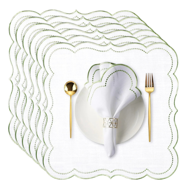 6stk Bomullslerret Brodert Serviett Scalloped Edge Bordservietter | Skanto