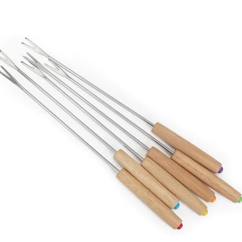 6Pcs Rustfritt Stål Gafler med Trehåndtak for BBQ Leirbål Grill | Skanto