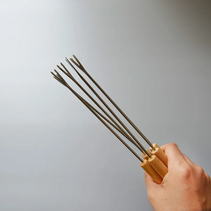 6Pcs Rustfritt Stål Gafler med Trehåndtak for BBQ Leirbål Grill | Skanto