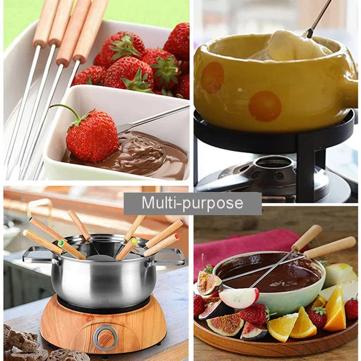 6Pcs Rustfritt Stål Gafler med Trehåndtak for BBQ Leirbål Grill | Skanto