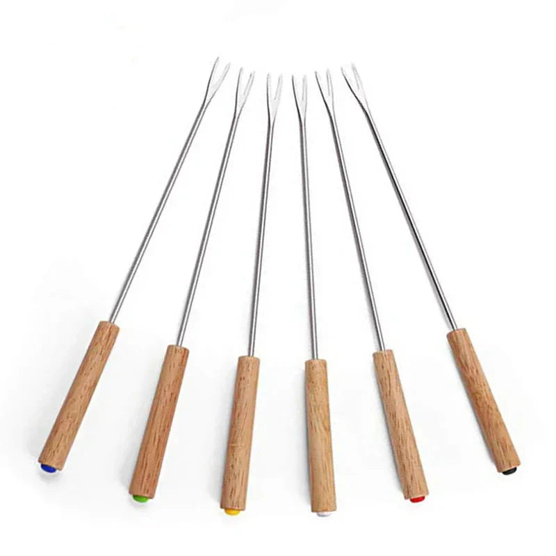 6Pcs Rustfritt Stål Gafler med Trehåndtak for BBQ Leirbål Grill | Skanto