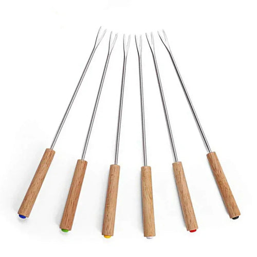 6Pcs Rustfritt Stål Gafler med Trehåndtak for BBQ Leirbål Grill | Skanto