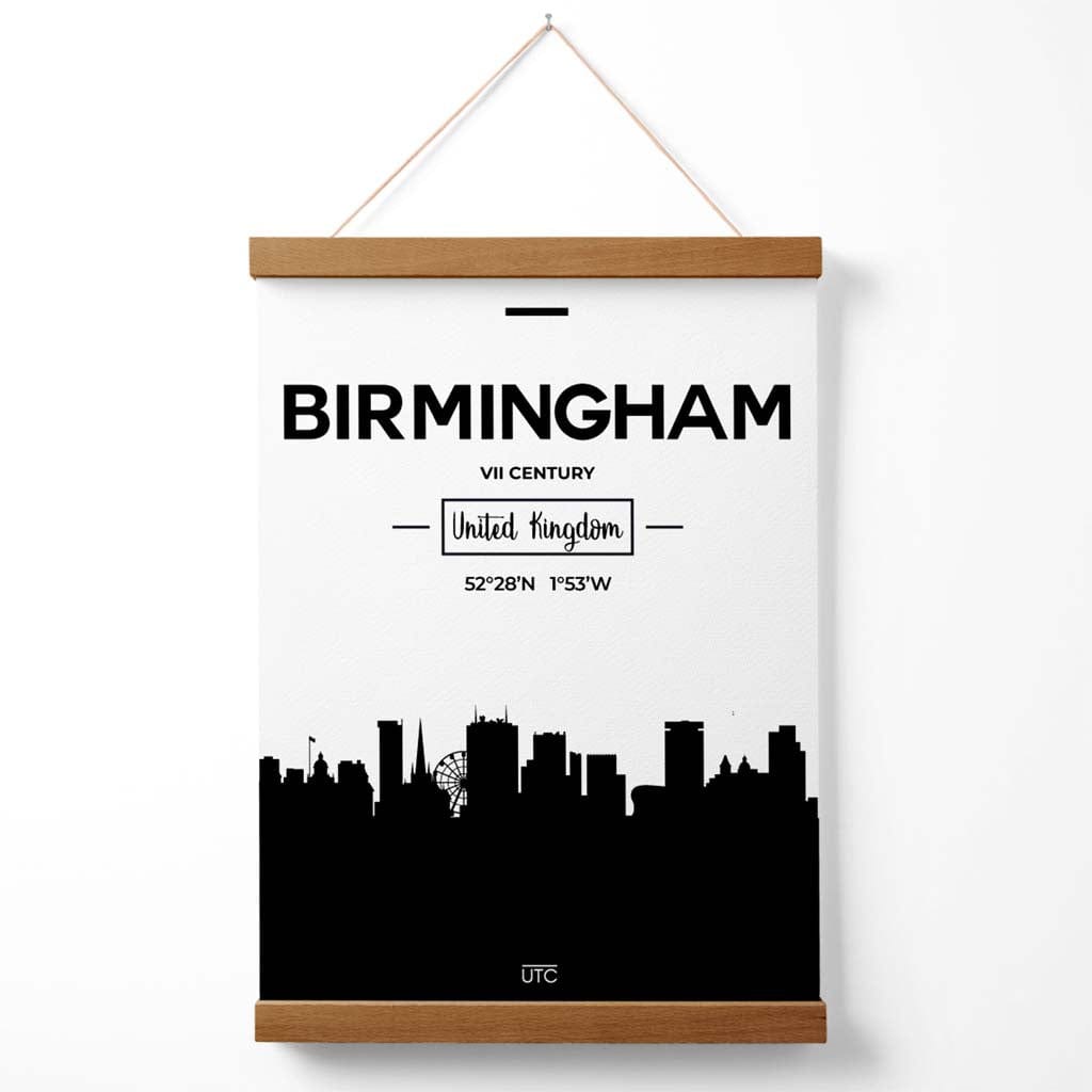 Svart-hvitt-plakat fra Birmingham med skylinemotiv (inkludert oppheng)