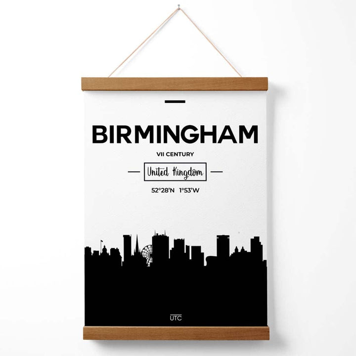 Svart-hvitt-plakat fra Birmingham med skylinemotiv (inkludert oppheng)