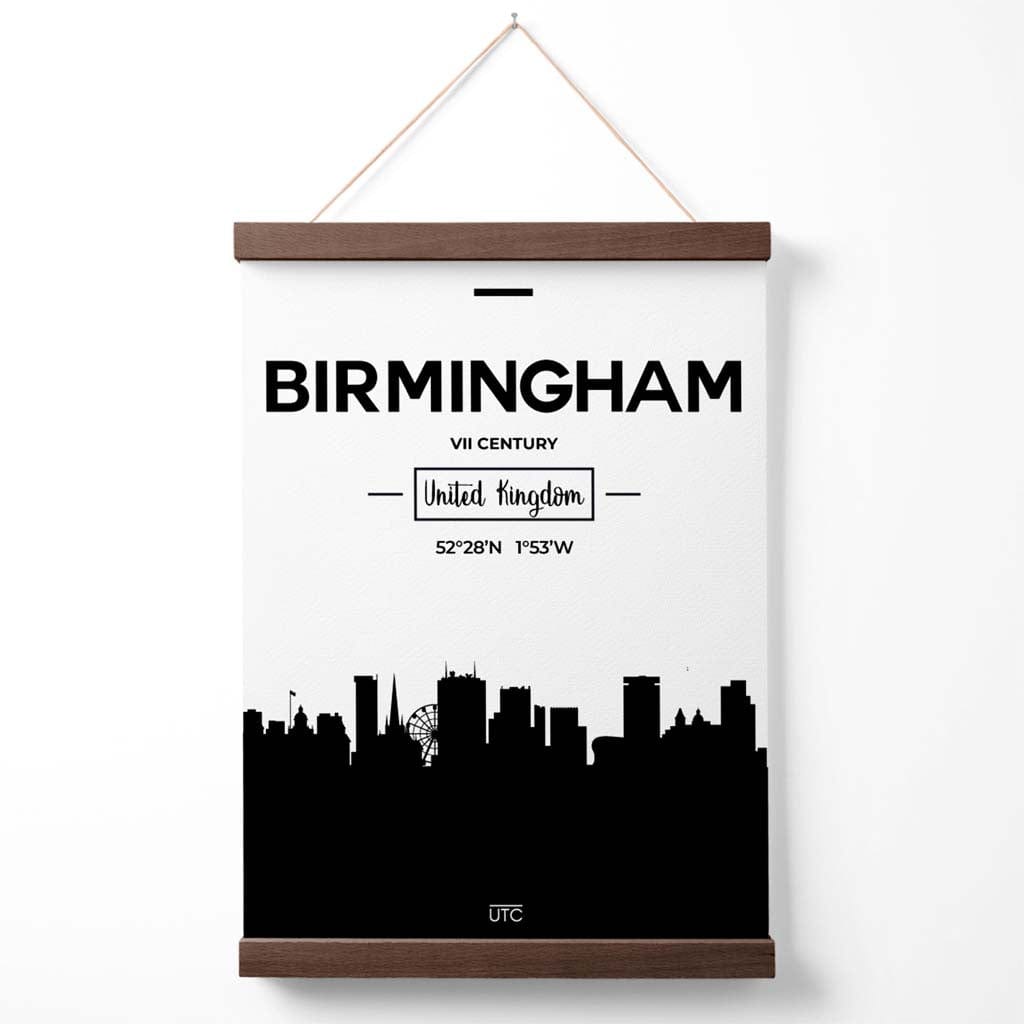 Svart-hvitt-plakat fra Birmingham med skylinemotiv (inkludert oppheng)