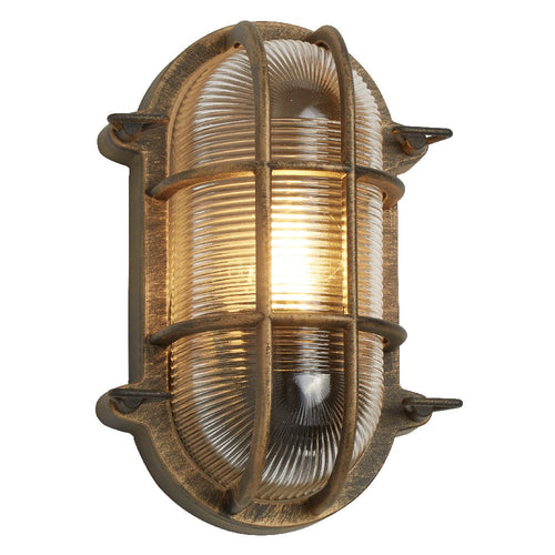 Skanto | Antikk Messing & Ribbet Glass Utendørs Vintage Oval Overflater Lampe Vegglampe 248mm