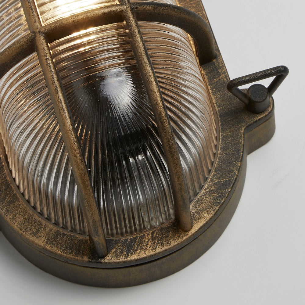 Skanto | Antikk Messing & Ribbet Glass Utendørs Vintage Oval Overflater Lampe Vegglampe 248mm