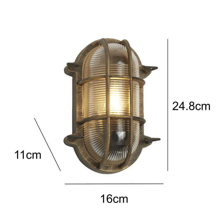 Skanto | Antikk Messing & Ribbet Glass Utendørs Vintage Oval Overflater Lampe Vegglampe 248mm