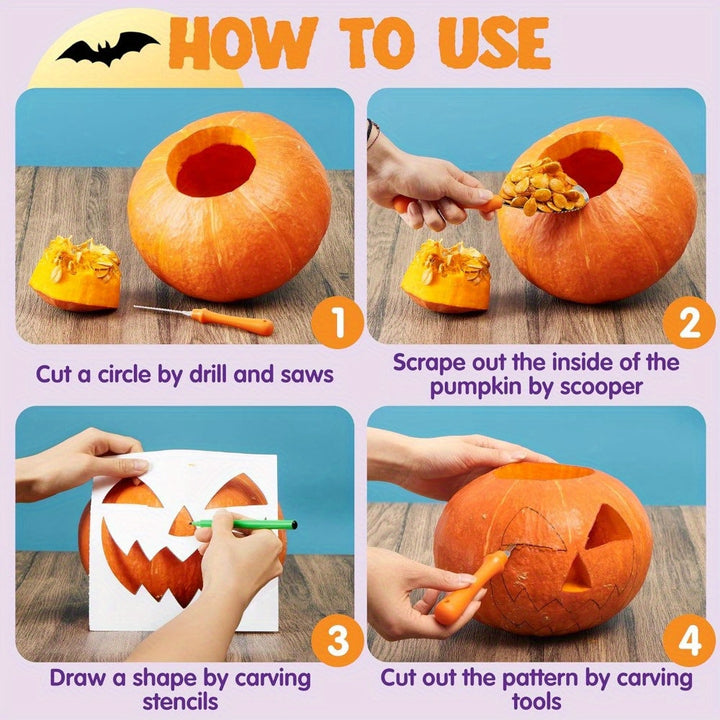 Skanto | Halloween Pumpkin Carving Kit med maler | Enkle uthulede gresskar gjenbrukbare verktøy