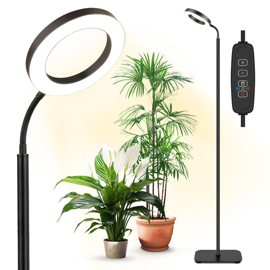 Norvo | Vekstlys for innendørs planter Full Spektrum, Plante vekstlys, 20W Led gulv plantevekstlampe med høydejusterbar stå, Avbryter timer 3/9/12H, 10 dimbare lysstyrker for små store planter, Rund