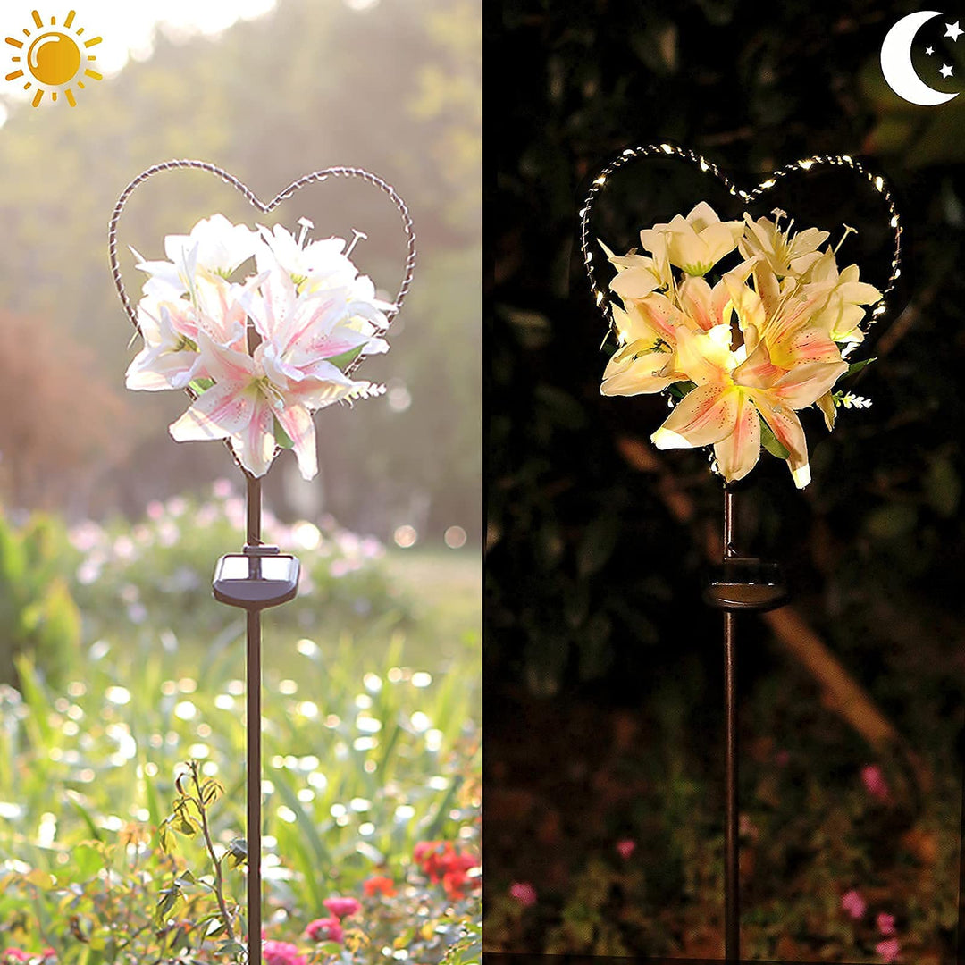 Norvo | Starryfill Hjerteformet Solcellehagebelysning Med Hvite Lilje Blomster - 25 Led Varme Hvit