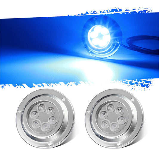 Norvo | Partsam 2Pcs Blå 6Led Rund Undervann Båtlampene, Transom Lys For Yachter Båter Seilbåt Pontong, Ip68 Vanntett, Rustfritt Stål Hus, Overflatemontering, 12V