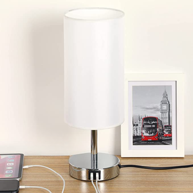 Skanto | Lampe med USB-tilkobling Berøringskontroll Bordlampe for Soverom Tre 3-trinns dimbar Sengelampe med Rund Linestoffskjerm for Stue, Studenthybel, Hjemmekontor