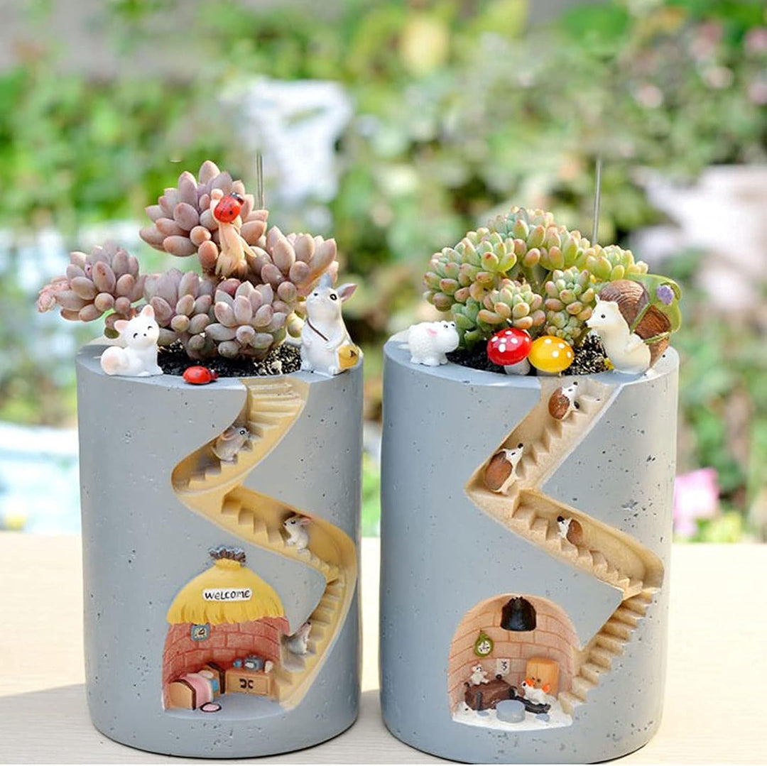 Skanto | Decorative plant pot with hedgehog and rabbit miniature – Creative staircase design for plants