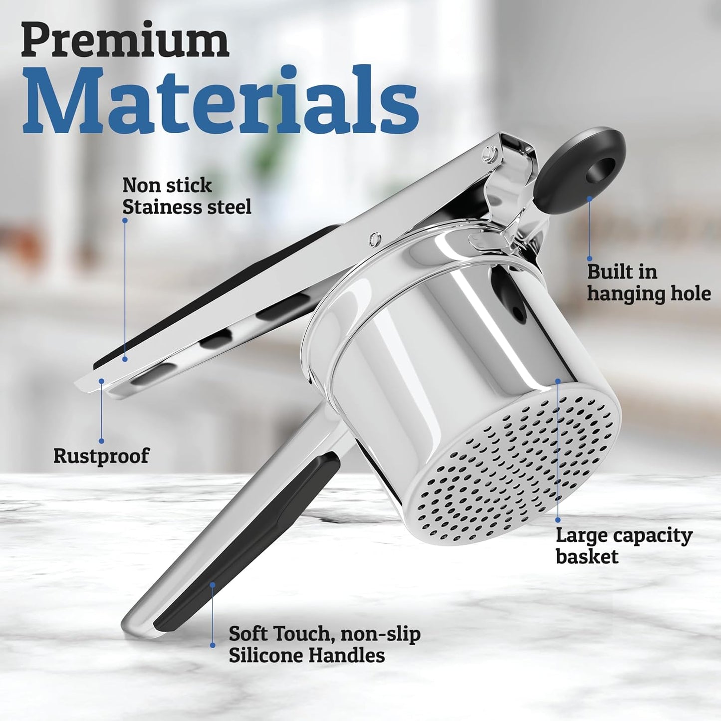 Norvo | PureMasher Pro Rustfritt Stål Potetmoser 15oz | Ekstra Stor Kapasitet | For Potetmos, Grønnsaker & Frukt | Klumpfri & Holdbar