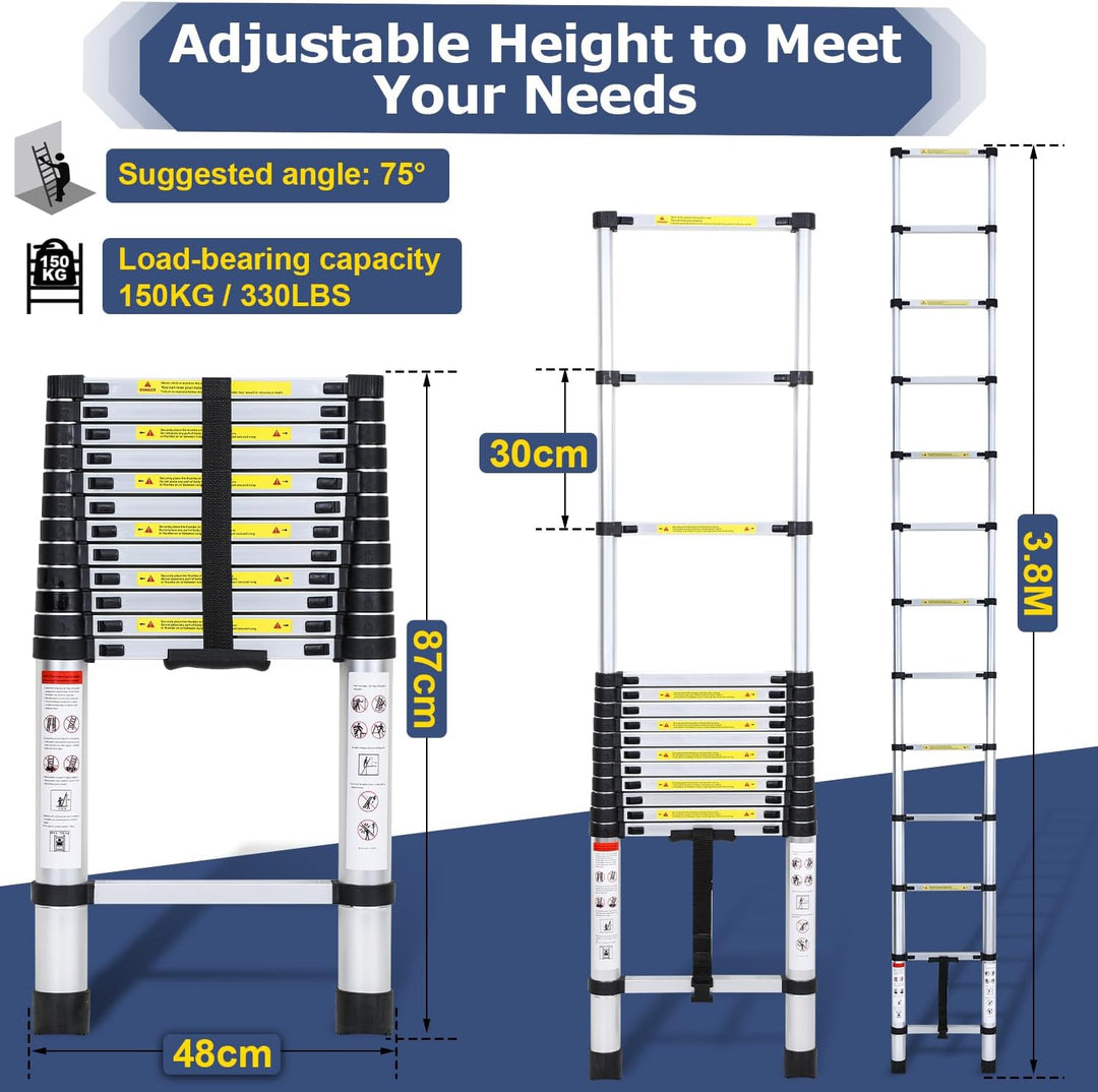 Teleskopisk stige Aluminium Belastningsevne opp til 150kg 2,6m-5m | Skanto