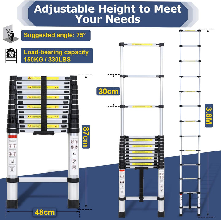 Teleskopisk stige Aluminium Belastningsevne opp til 150kg 2,6m-5m | Skanto