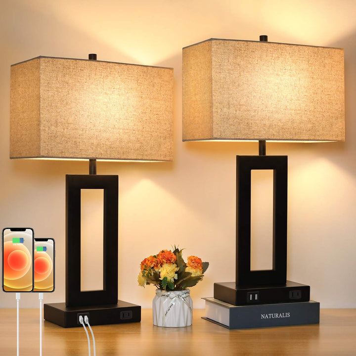 Skanto | Tobusa Set Of 2 Touch Control Table Lamps With Usb Ports, 3-Way Dimmable, Beige Shade