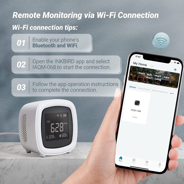 INKBIRD WiFi 3-i-1 Innendørs CO2 Detektor IAQM-068W | Skanto