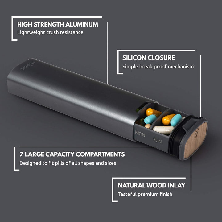 Skanto | Ukentlig pilleorganisator | Premium aluminium- og tredesign for hjem, kontor og reise