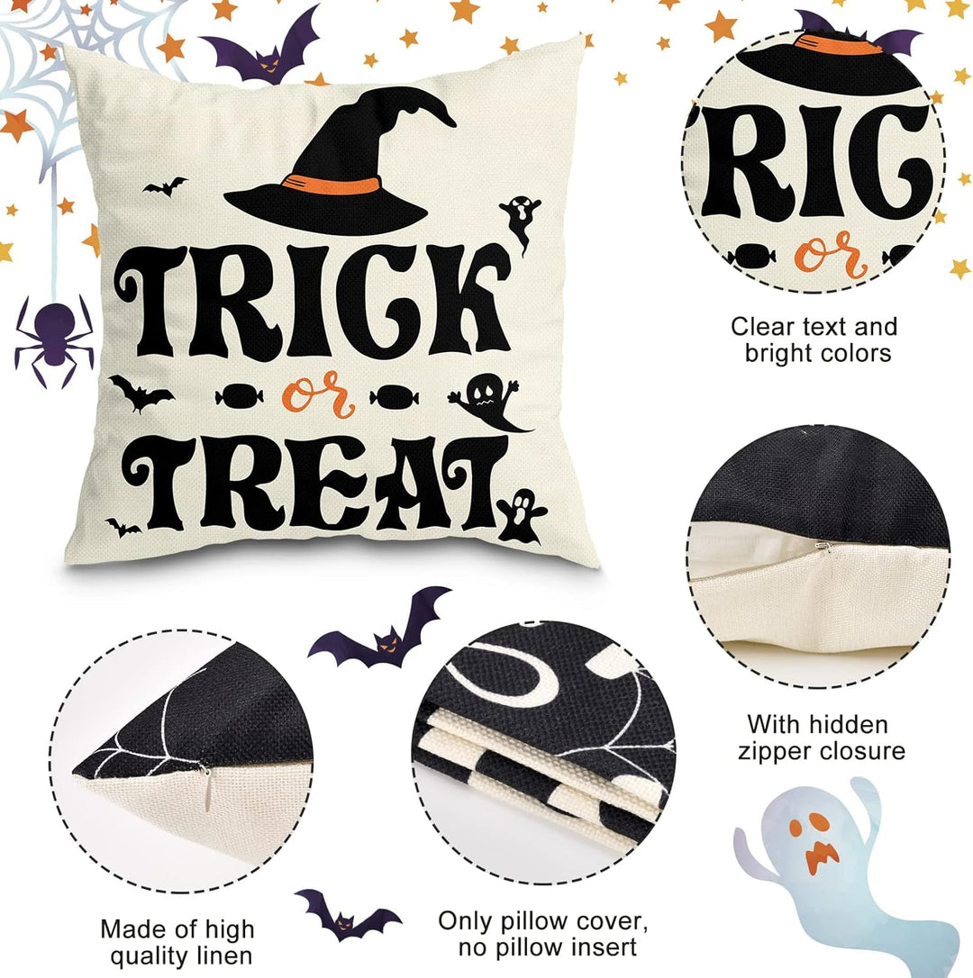 Sett med 4 Halloween putetrekk - Edderkoppnett, Katt, Hodeskalle dekorative putefutter (45 x 45 CM) Skanto