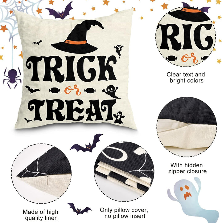 Sett med 4 Halloween putetrekk - Edderkoppnett, Katt, Hodeskalle dekorative putefutter (45 x 45 CM) Skanto