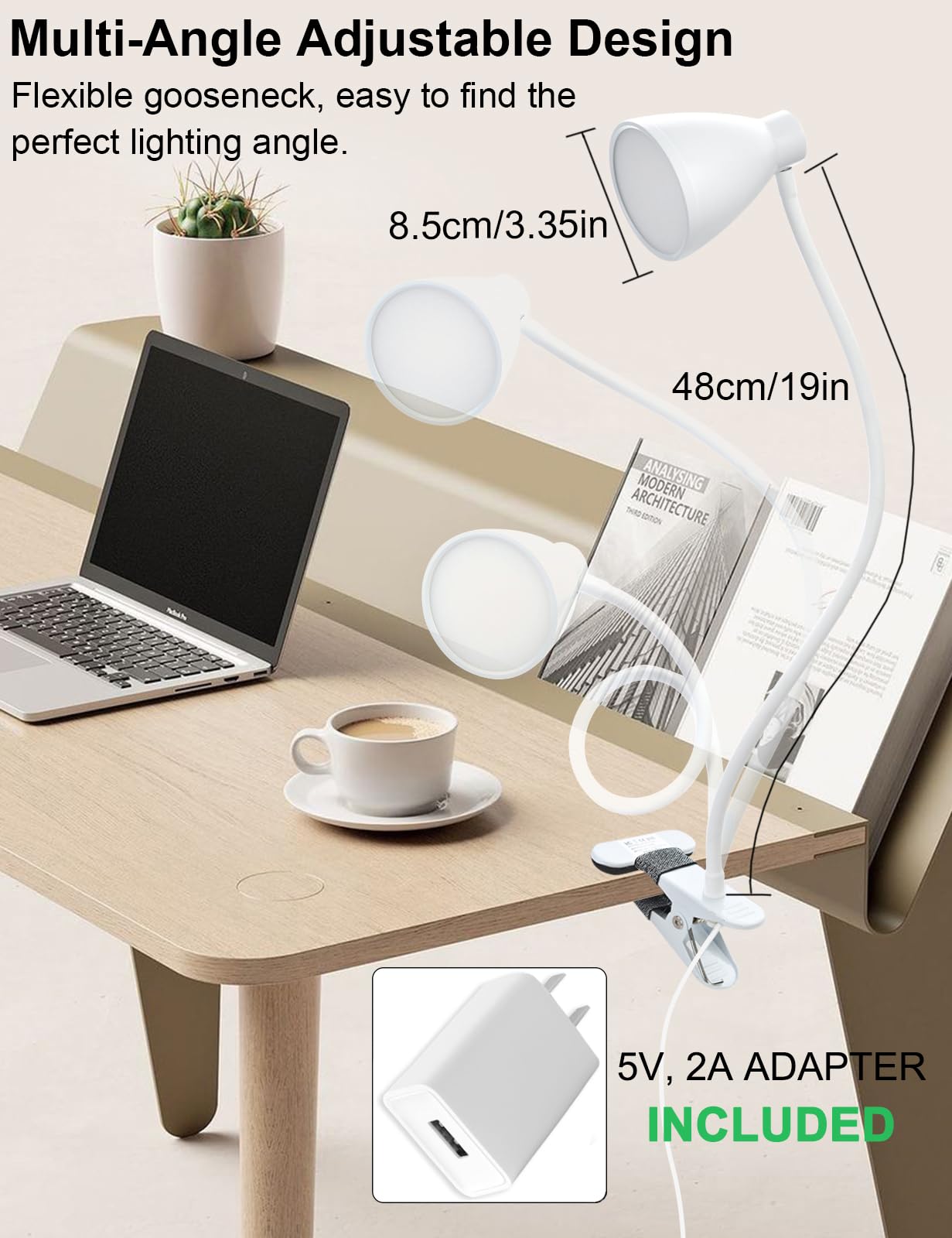 Norvo | Bohon 10W Klem Lampe - 3 Fargemoduser, 10 Lysstyrker, Fleksibel Gåsehalssvane, Usb, Hvit