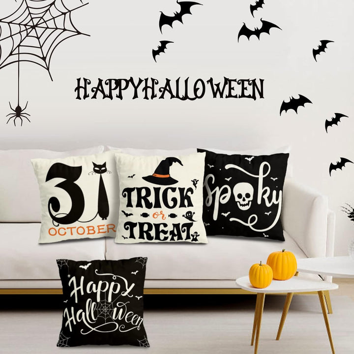 Sett med 4 Halloween putetrekk - Edderkoppnett, Katt, Hodeskalle dekorative putefutter (45 x 45 CM) Skanto