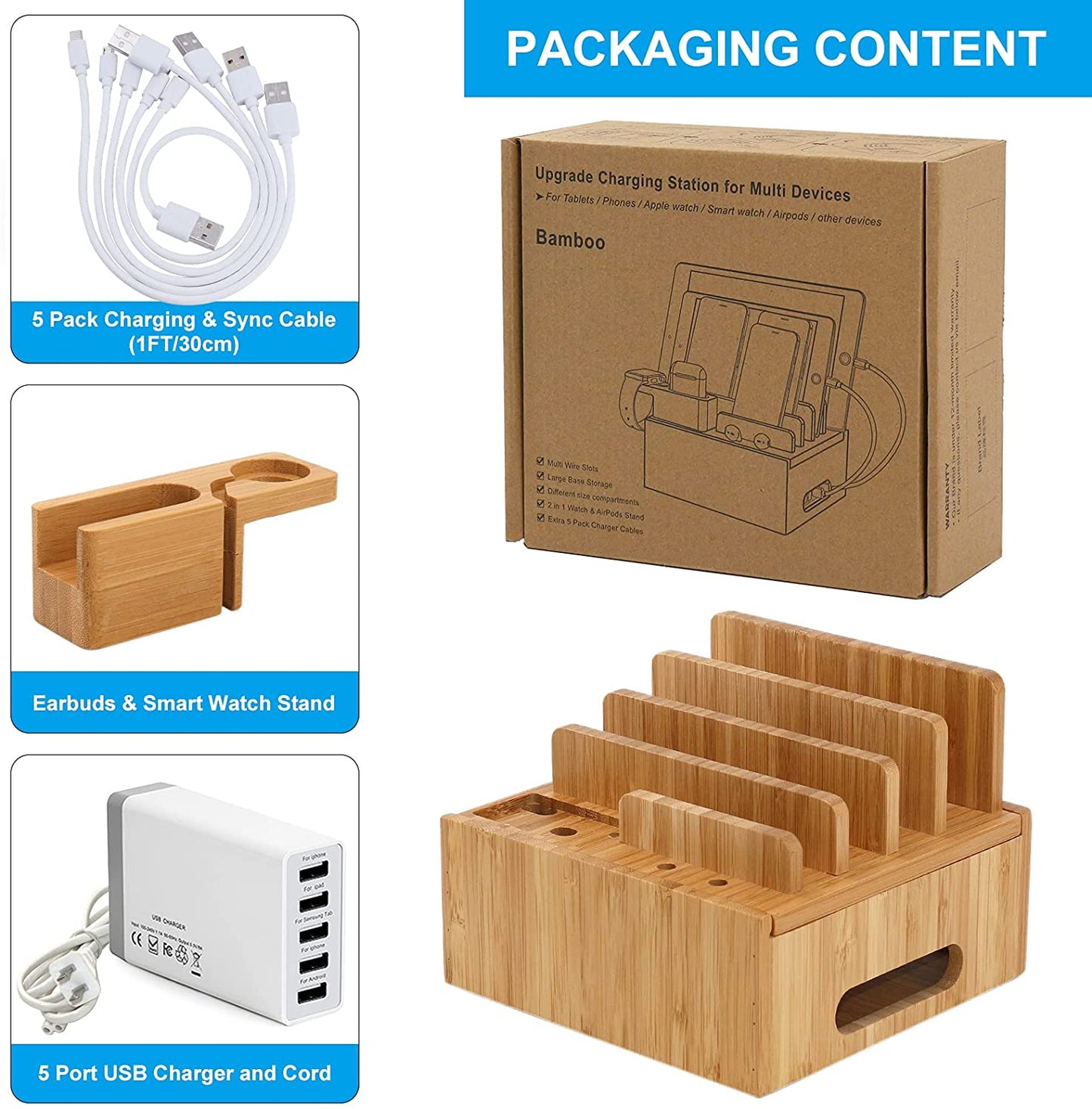 Norvo | Tekavo ChargeDock LadeStasjon laget av Bambus | 5-Port USB & Organizer | For Smarttelefon, Nettbrett & Smartklokke | Inkl. Kabelsett