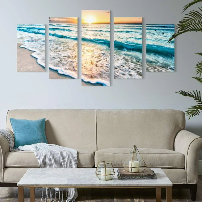 Sett med 5 dekorative lerretsbilder med havlandskap og strandmotiv