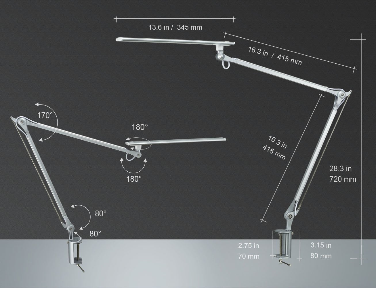 Norvo | Phive Cl-1 Led Arkitekt Skrivebord Lampe, Justerbar Metall Svingarm, Dimmbar Sølv Oppgave Lys